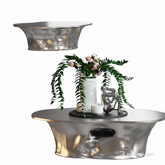 Elegant Metallic Coffee Table With Decorative White Vase Pink Flowers And Green Leaves 3d model 