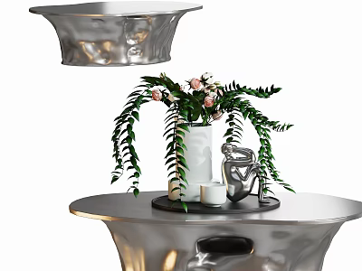 Elegant Metallic Coffee Table With Decorative White Vase Pink Flowers And Green Leaves 3d model