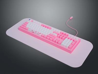 Stylish Pink And White Wired Computer Keyboard On White Desk Pad For Office Use 3d model