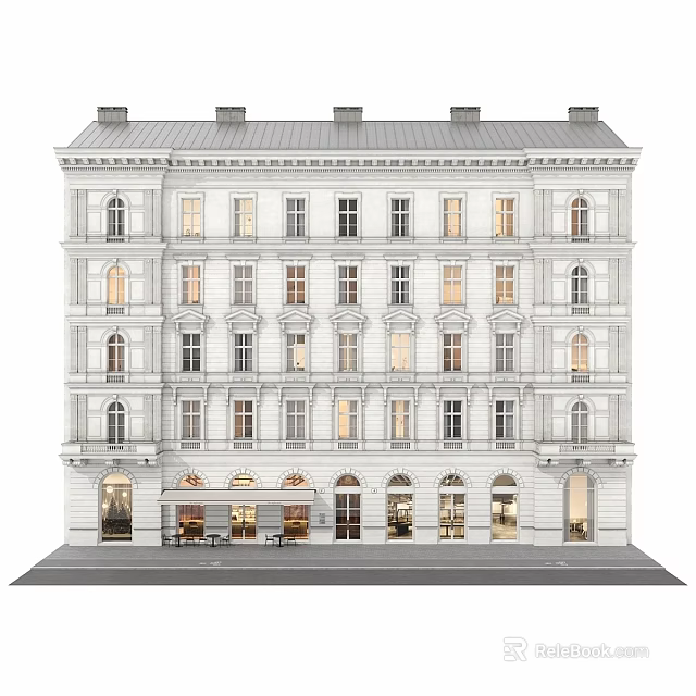 Multi Story White Residential Building Featuring Ornate Details Ground Floor Storefronts And Lit Windows 3d model 
