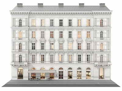 Multi Story White Residential Building Featuring Ornate Details Ground Floor Storefronts And Lit Windows 3d model