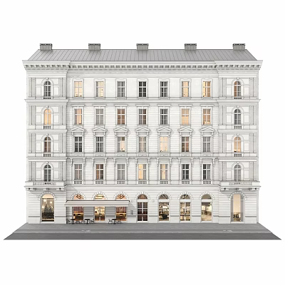 Multi Story White Residential Building Featuring Ornate Details Ground Floor Storefronts And Lit Windows 3d model