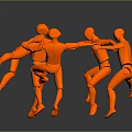 Orange Human Figures Holding Hands In Circle With Leaping Poses On Gray Reflective Floor