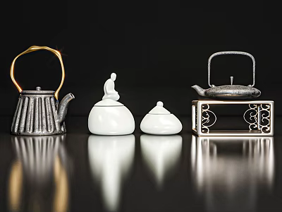 Modern Minimalist Decorative Ornament Set With Metal Teapot White Ceramic Jars And Cutout Frame Stand 3d model