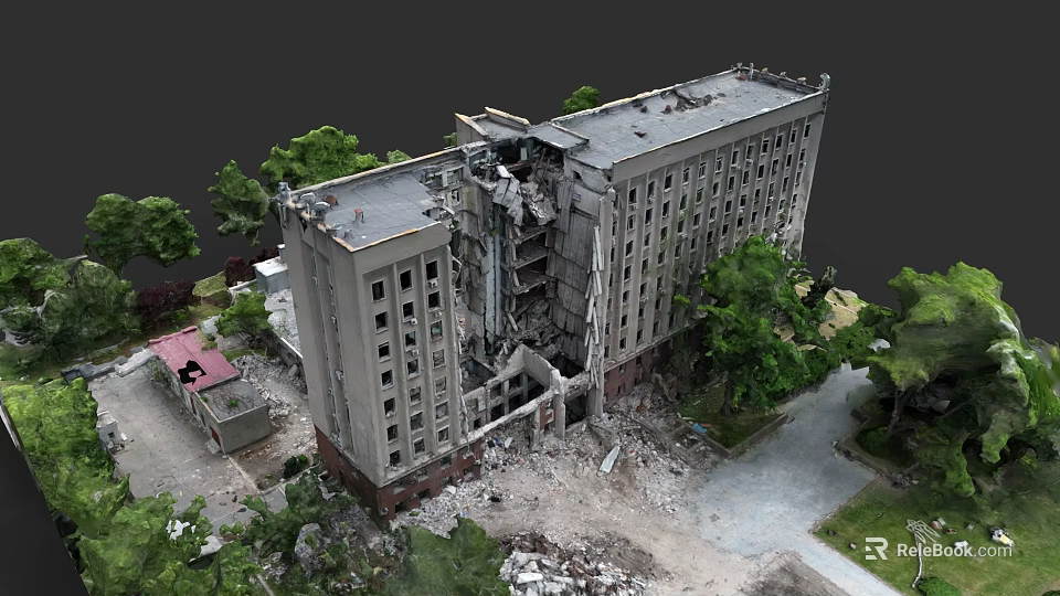 Damaged Urban Building Structure With Collapsed Section Surrounding Trees And Debris 3d model 