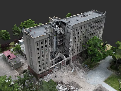 Damaged Urban Building Structure With Collapsed Section Surrounding Trees And Debris 3d model