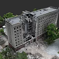 Damaged Urban Building Structure With Collapsed Section Surrounding Trees And Debris