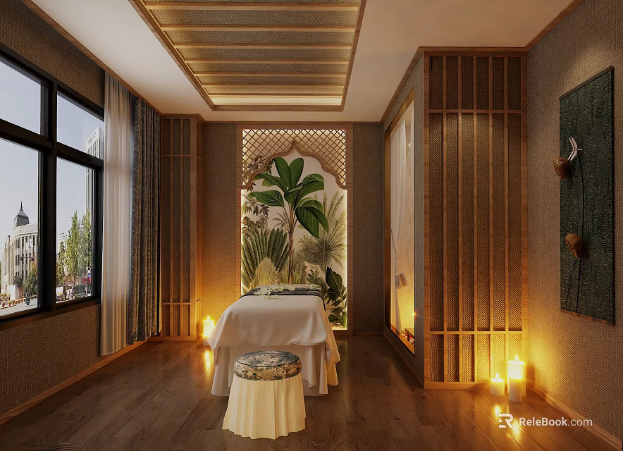 Serene SPA Sauna Room With Wooden Elements Massage Table Green Plants And Warm Lighting 3d model 