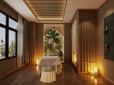 Serene SPA Sauna Room With Wooden Elements Massage Table Green Plants And Warm Lighting 3d model