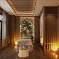 Serene SPA Sauna Room With Wooden Elements Massage Table Green Plants And Warm Lighting