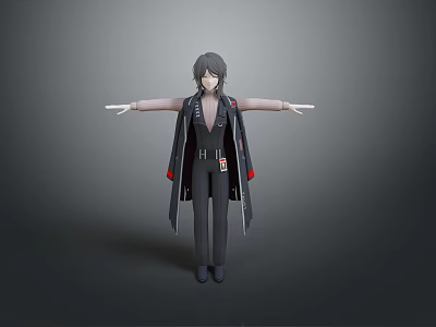 3D Model Woman in Black Long Coat with Arms Outstretched against Gray Background 3d model