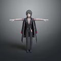 3D Model Woman in Black Long Coat with Arms Outstretched against Gray Background