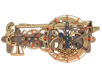 Intricate Mechanical Clock Mechanism With Brass Gears And Red Markers 3d model