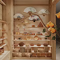 Warm Natural Wooden Mall Gift Shop Displaying Fine Ceramics And Traditional Handmade Woven Crafts