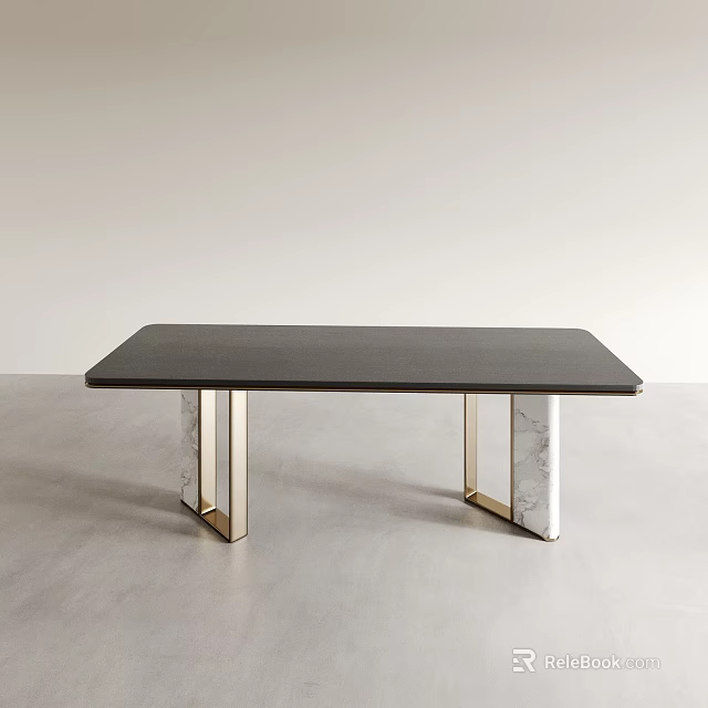 Modern Office Desk with Sleek Black Tabletop and Gold Marble Legs Design 3d model 