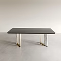 Modern Office Desk with Sleek Black Tabletop and Gold Marble Legs Design