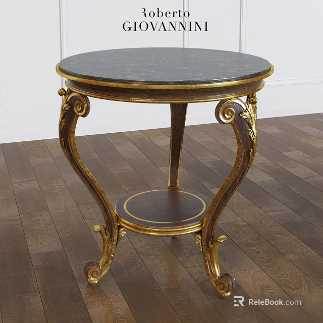 Round Dining Table with Marble Top and Gold Carved Legs Classic Design and Lower Shelf 3d model 