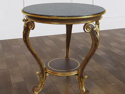 Round Dining Table with Marble Top and Gold Carved Legs Classic Design and Lower Shelf 3d model