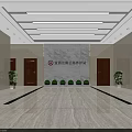 Elegant Front Desk Reception Area With Marble Wall Wooden Doors Green Plants And Ceiling Lights