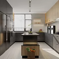 Modern Restaurant Kitchen With Wooden Cabinets Island Counter And White Appliances