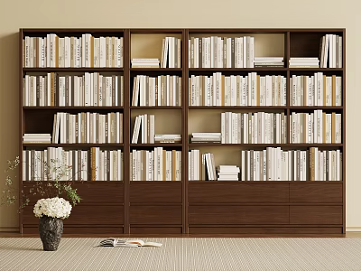 Large Wooden Bookcase with Multi Tiered Shelves Filled with Books and White Flower Vase 3d model