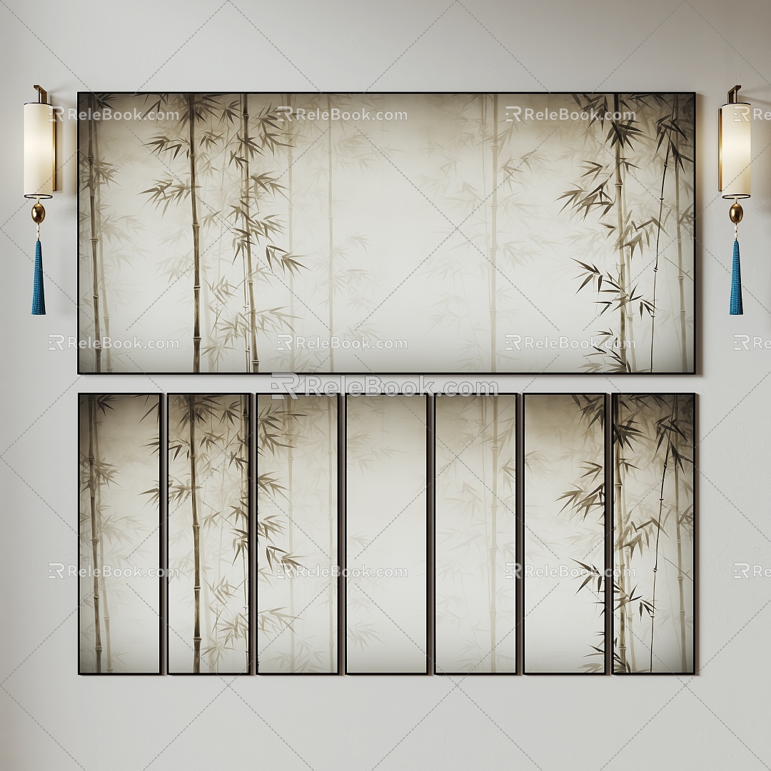 New Chinese Style Decorative Painting Combination Lamp Film Decorative Background Painting Bamboo Background Wall Cloth 3d model