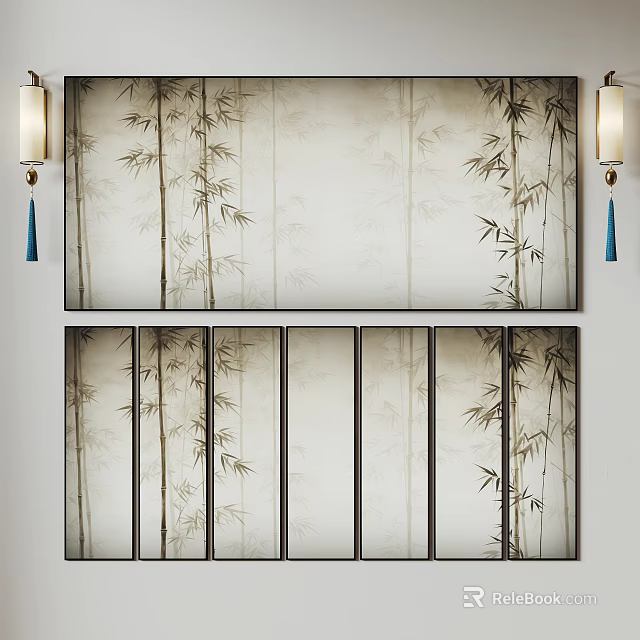 Elegant Bamboo Screen Wall Decor With Traditional Pattern And Hanging Lamps 3d model 