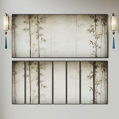 Elegant Bamboo Screen Wall Decor With Traditional Pattern And Hanging Lamps 3d model