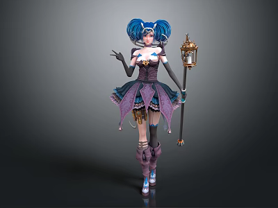 Game Movie Character With Blue Twin Tails Purple Dress And Lantern Staff 3d model