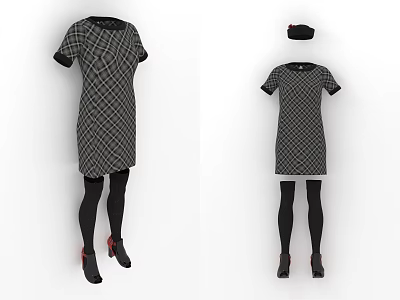 Plaid Pattern Short Sleeved Midi Dress With Black Tights Red High Heels And Hat 3d model