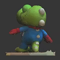 Green Lizard Stuffed Animal With Blue Outfit And Red Gloves On Wooden Platform