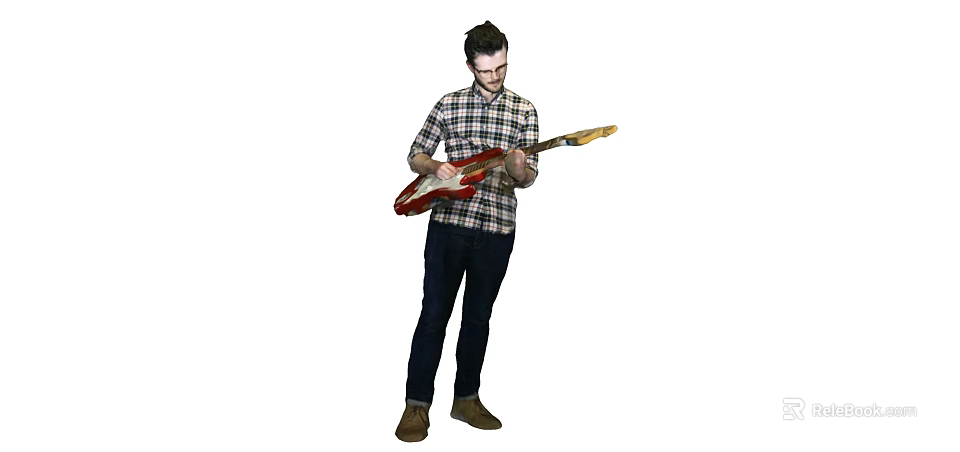 Man Playing Red Electric Guitar In Checkered Shirt Standing And Performing 3d model 