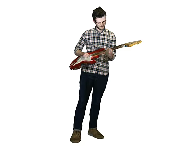 Man Playing Red Electric Guitar In Checkered Shirt Standing And Performing 3d model