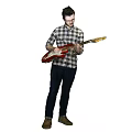 Man Playing Red Electric Guitar In Checkered Shirt Standing And Performing