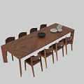 Wooden Rectangular Dining Table Set with Eight Chairs Black Bowl and White Vases 3d model