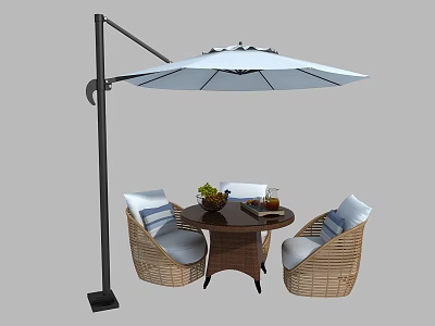 Outdoor Table With Wicker Chairs Cantilever Umbrella And Decorative Centerpiece For Patio 3d model