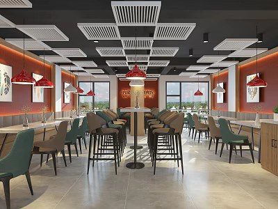 Modern Restaurant Interior With Red Pendant Lights Green Chairs And Large Windows 3d model