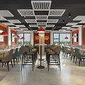 Modern Restaurant Interior With Red Pendant Lights Green Chairs And Large Windows