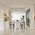 Minimalist Living and Dining Area With Beige Sofa Coffee Table Pendant Light And Decorative Paintings
