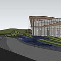 Modern Sales Office Building With Glass Curtain Walls Curved Wooden Roof And Landscaped Gardens