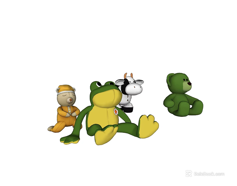 Cute Stuffed Animal Toys Including Yellow Frog Orange Bear Cow And Green Bear 3d model 