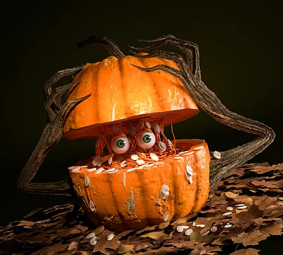 Spooky Halloween Decorative Pumpkin With Green Eyes Seeds And Leaves Around It 3d model