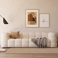 Beige Sectional Sofa with Brown Pillow Plaid Blanket Floor Lamp Geometric Love Lettering Wall Art