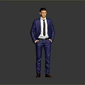 Man in Blue Suit White Shirt Red Tie with Hands in Pockets on Gray Background