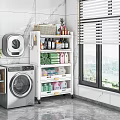 Bathroom Washbasin Setup With Washing Machine Storage Shelf And Toiletries Towels Mirror Plant