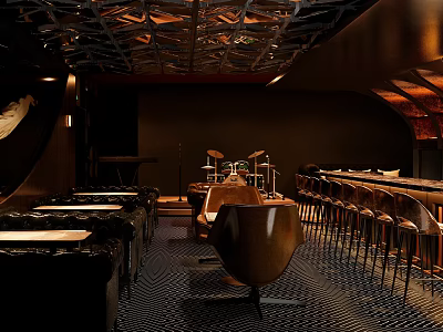 Modern Bar Interior Design Featuring Sleek Counter Leather Seats And Hanging Pendant Lights 3d model