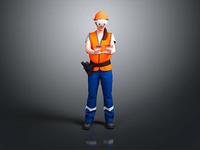 Construction Worker Wearing Orange Hard Hat Reflective Vest Blue Work Pants And VR Glasses 3d model