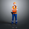 Construction Worker Wearing Orange Hard Hat Reflective Vest Blue Work Pants And VR Glasses