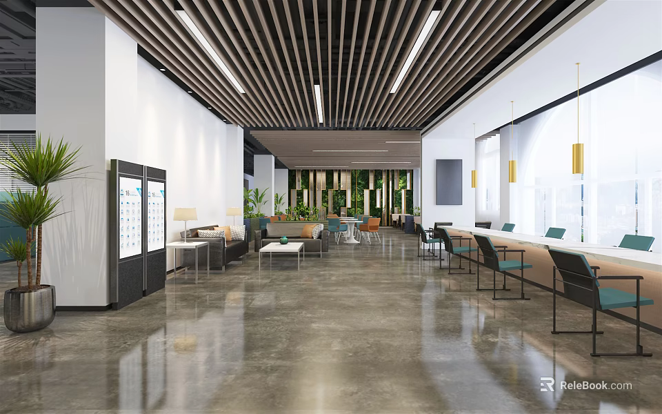 Modern Leisure Area With Open Layout Comfortable Seating Green Plants And Lighting 3d model