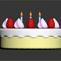 Colorful Decorated Cake With White Frosting Yellow Base Red Strawberry Toppings And Pink Meringue Candles
